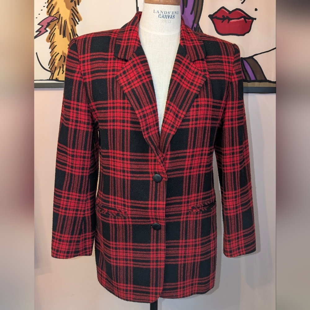 Oleg Cassini Red and Black Plaid Blazer